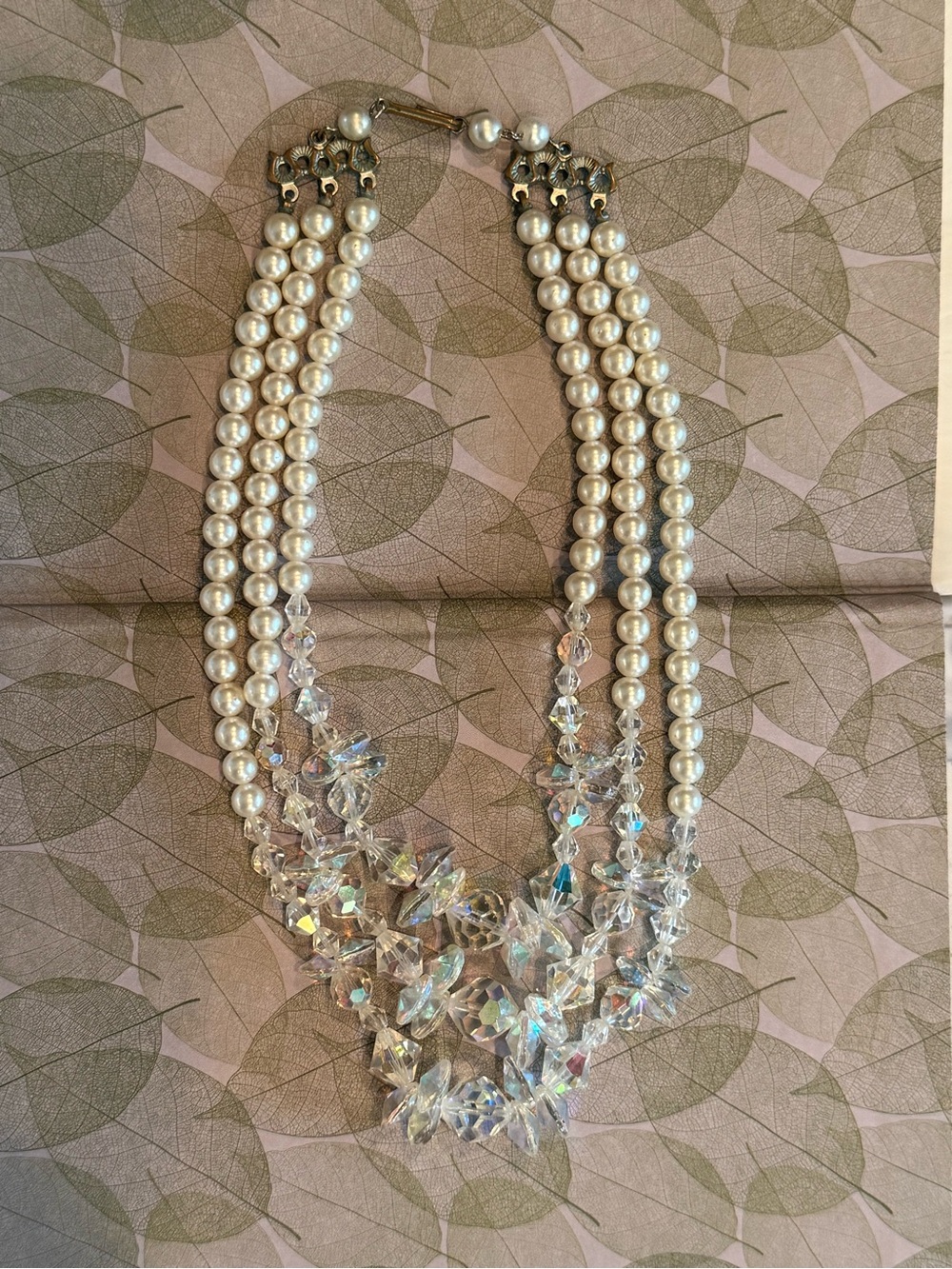 Vintage 1950s 3-Strand Pearl & Aurora Borealis Crystal Necklace Choker